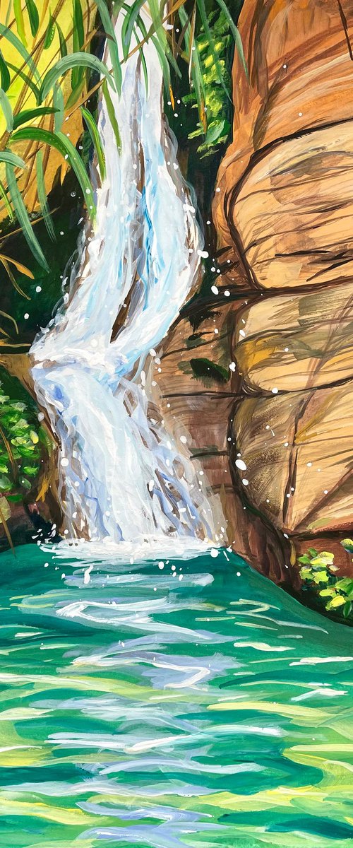 Waterfall Original Gouache Painting, Tropical Wall Art, Cyprus Artwork, Travel Gift, Green Home Decor by Kate Grishakova