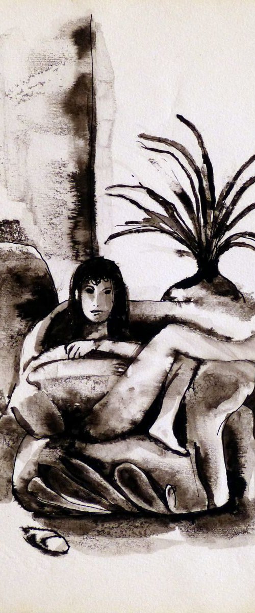 Sitting Nude, Drawing 24x16cm, b&w by Frederic Belaubre