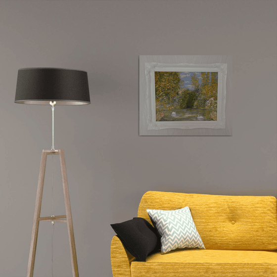 Swans on a serene forest lake