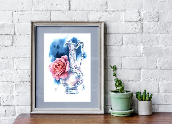 "Silver" watercolour sketch with antique decanter and rose