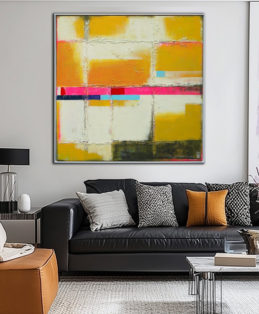Abstract Acrylic Painting By Ronald Hunter, 48 X 48", Untitled In Soft Yellow, Original Artwork