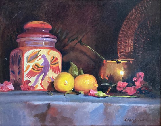 Still-life with a ceramic jar and lemons