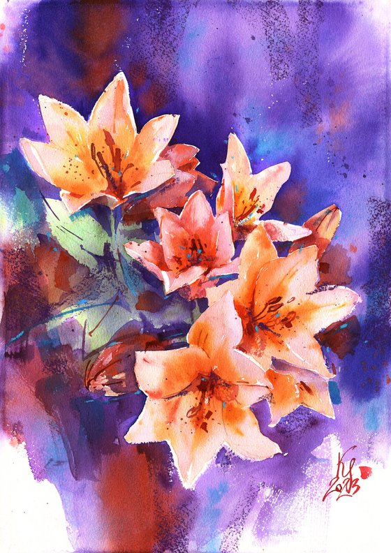 "Dance of the Lilies" - flowers on a contrasting background bright watercolor original artwork