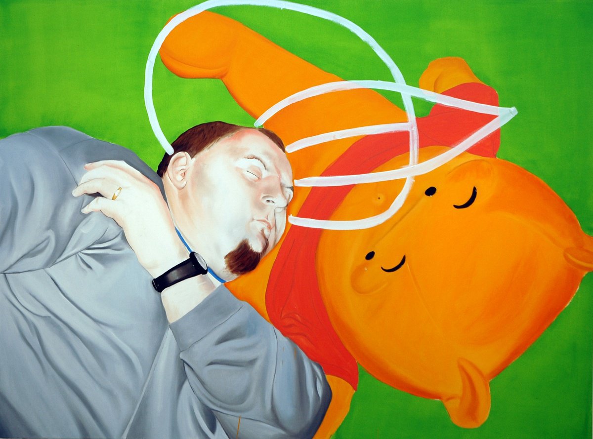 Urban And Pop Portrait Oil Painting By Kujbus Janos, 63 X 47", Safe Place, Original Artwork