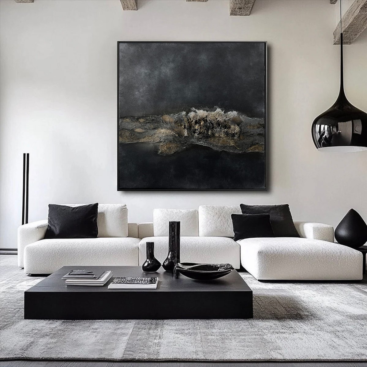 Abstract Acrylic Painting By Indie Ru, 28 X 28, Bronze Texture On Velvet Black, Original Artwork