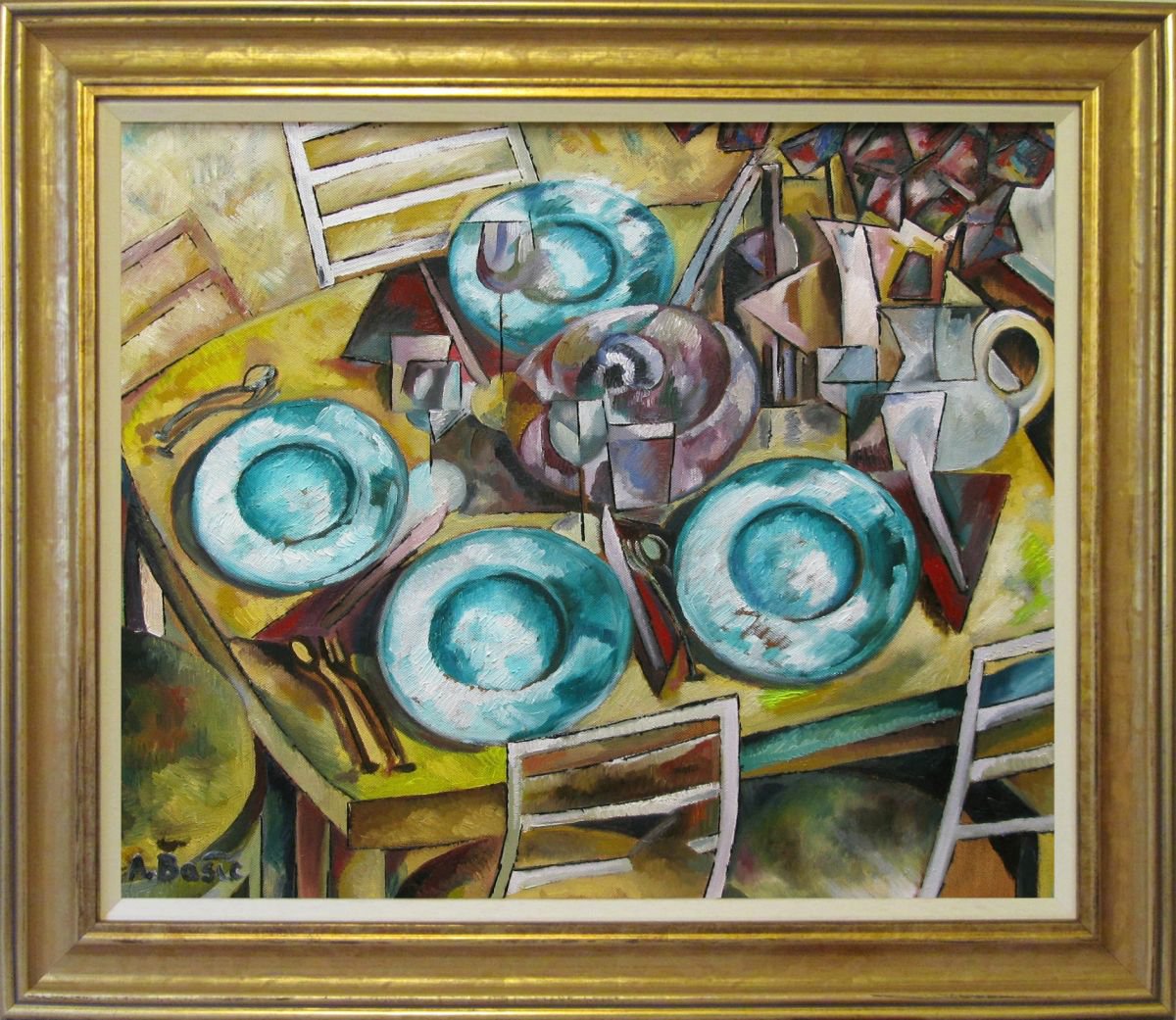 Geometric Still Life Oil Painting By Aleksandar Basic, 32 X 28, Fiesta, Original Artwork