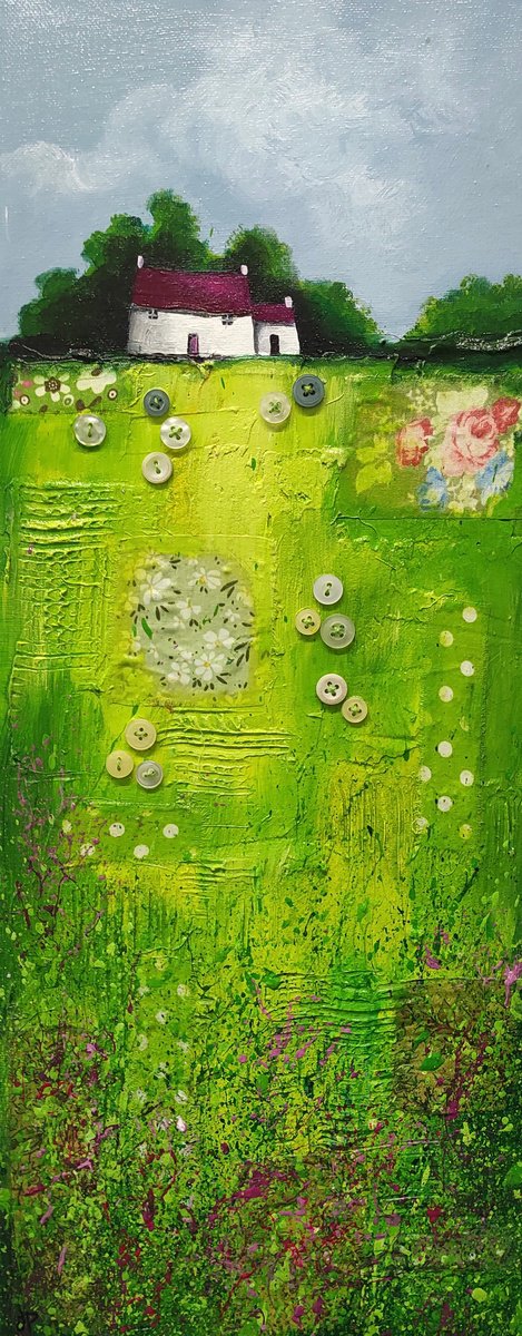 Impressionistic Landscape Painting By Jane Palmer Art, 8 X 20, Little Houses On Green Patchwork Field Textured Landscape, Artfinder