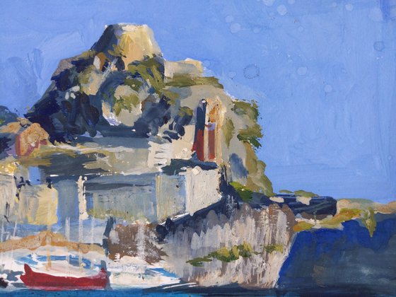 Old Venetian Fortress of Corfu island - Corfu island - original watercolor painting - seascape painting - waves