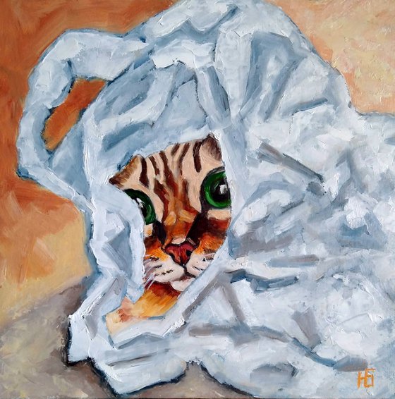 Peekaboo, Cat Painting Original Art Peekaboo Artwork Tabby Kitten Small Wall Art Pet Portrait