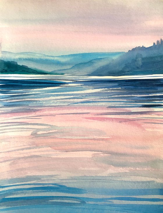 PINK SUNRISE ON WATER, Original Impressionist Vertical Landscape Watercolor Painting