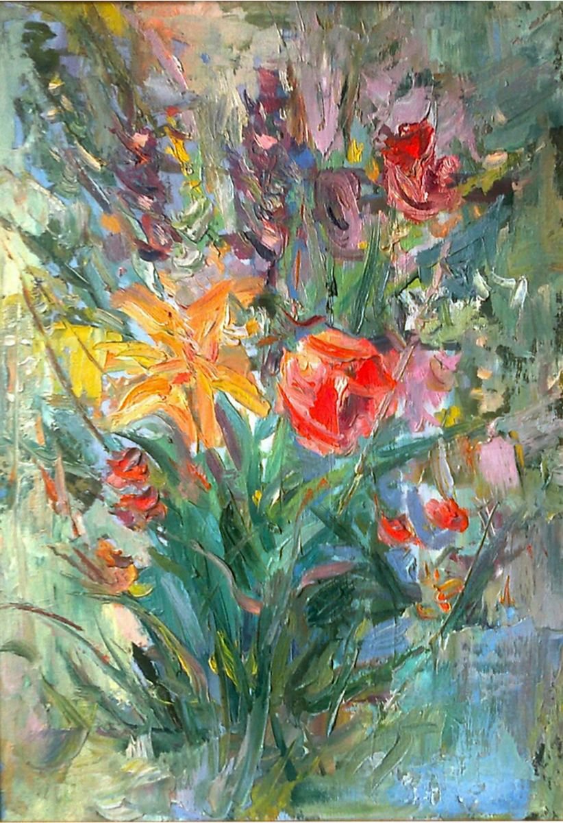 Impressionistic Botanical Oil Painting By Kamsar Ohanyan, 14 X 20", Flowers(35X50), Original Artwork