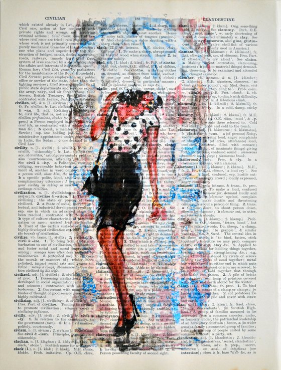 White Umbrella 3 - Collage Art on Large Real English Dictionary Vintage Book Page
