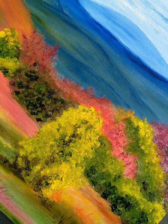 autumn mountain landscape original oil artwork impressionistic art" Red autumn in the blue mountains"