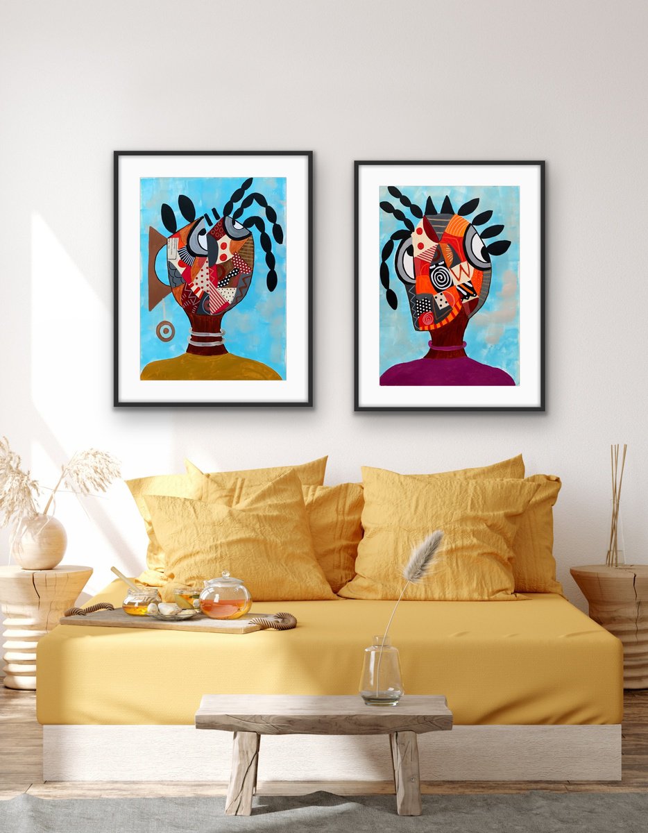 Abstract Portrait Painting By Rashna Hackett, 20 X 27", Id Card (Diptych), Original Artwork