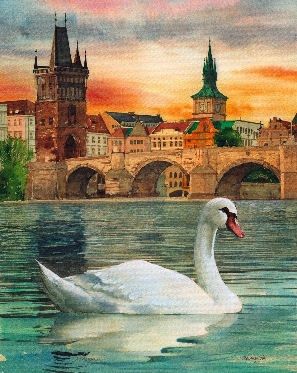 Impressionistic Cityscapes Watercolour By Reme Jr., 9 X 12", Swan Next To Charles Bridge, Original Artwork