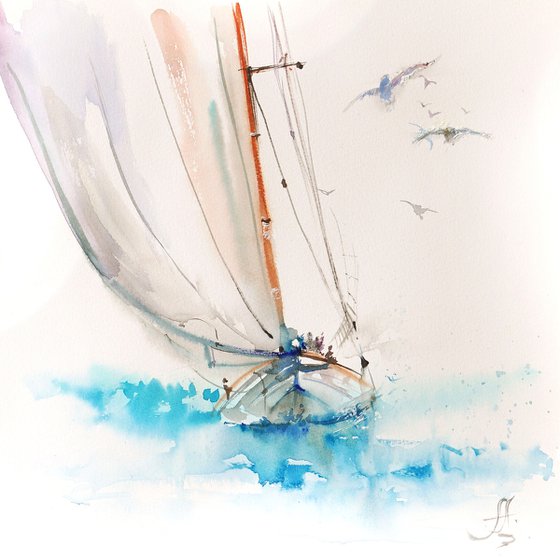 Seascape painting, watercolor art