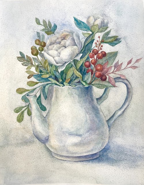 Unique technique still life with white pot and flowers by Liliya Rodnikova