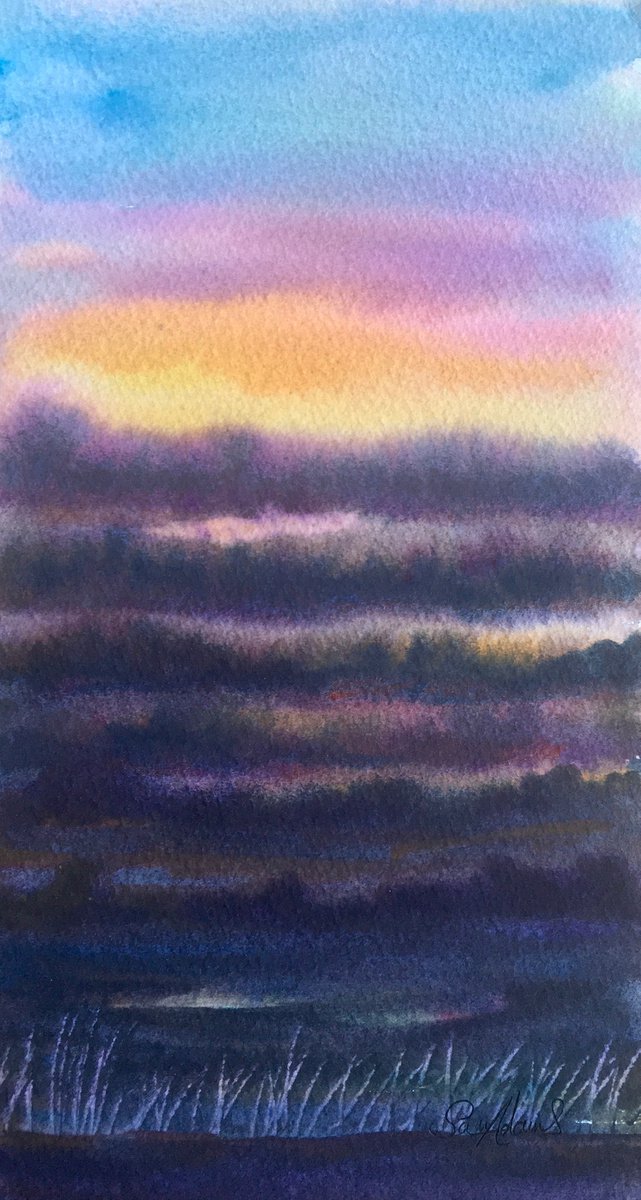 Earthy landscape at sunset to dusk by Samantha Adams professional watercolorist
