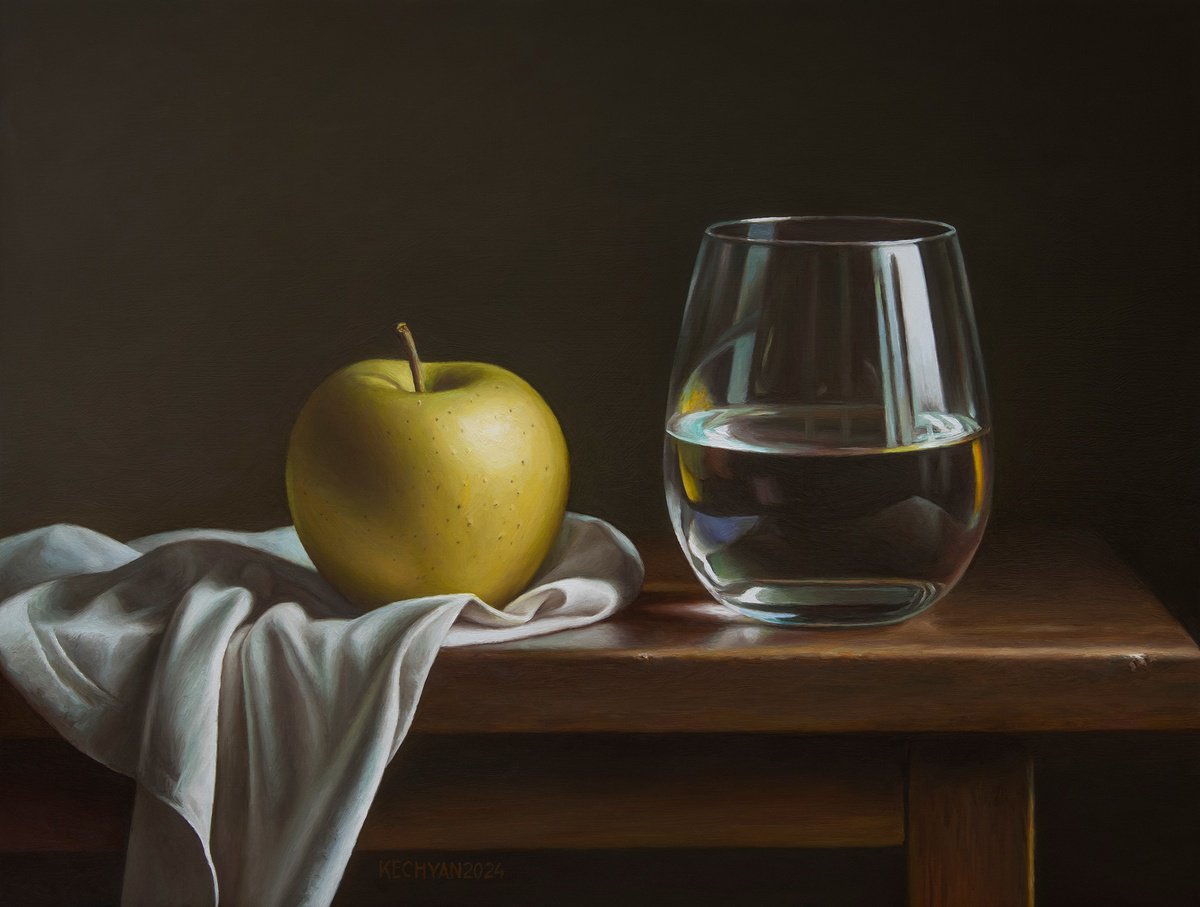Photorealistic Still Life Oil Painting By Albert Kechyan, 15 X 11, Apple With A Glass, Original Artwork