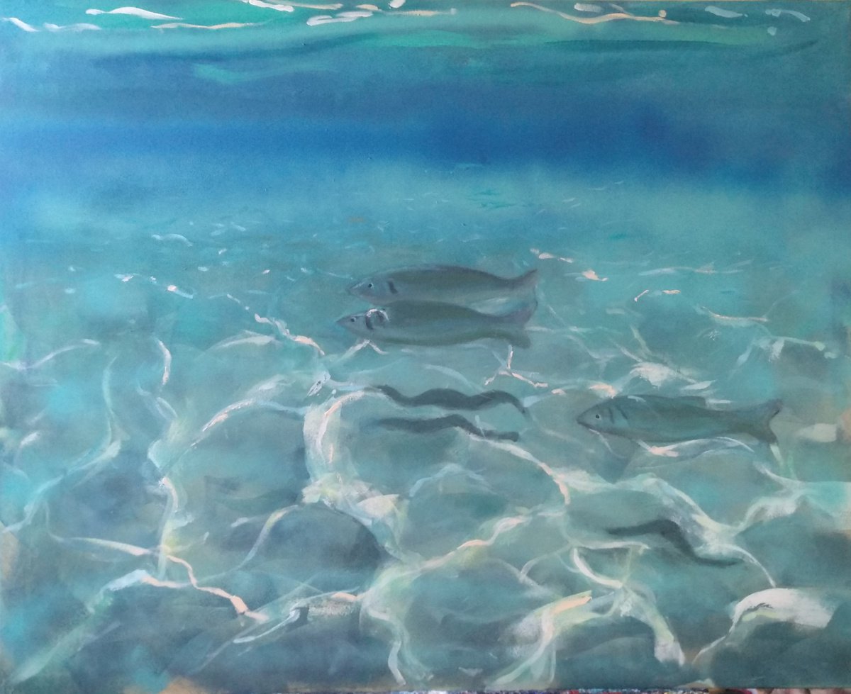 Impressionistic Animal Acrylic Painting By Marina Del Pozo, 39 X 32", Sea Shore Fishes, Original Artwork