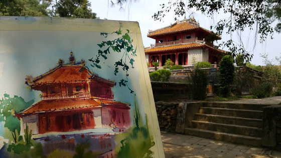 Watercolor landscape. Pagoda