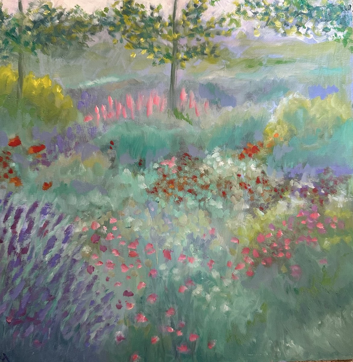 Impressionistic Landscape Oil Painting By Clare Hoath, 12 X 12, Turquoise Summer Garden, Original Artwork