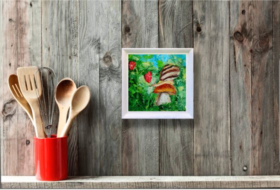 Snail Painting Mushroom Original Art Strawberry Wall Art Small Artwork Oil Impasto Painting