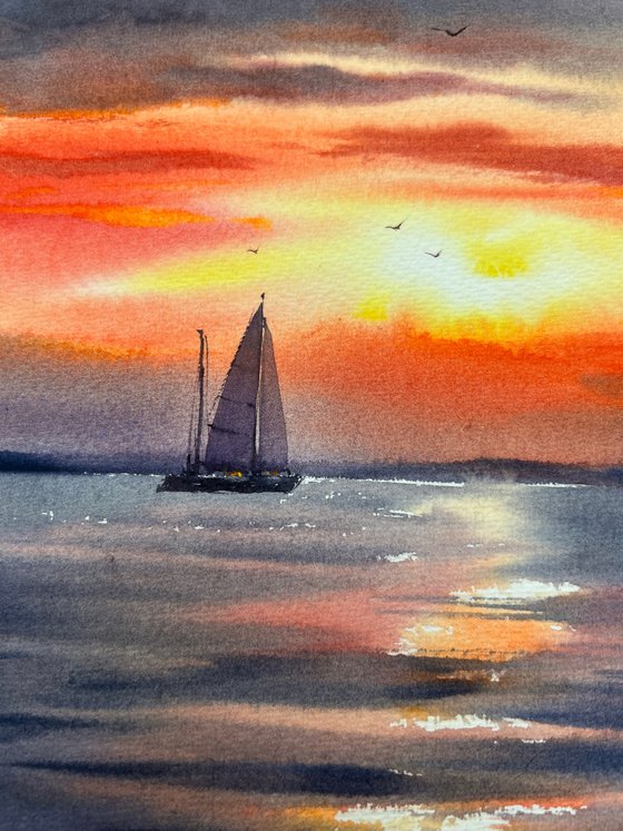 Yacht in the sea at sunset #7