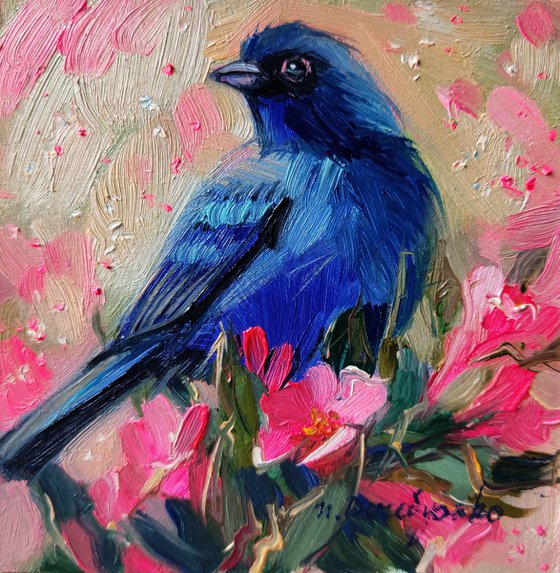 Original painting bird on pink blossom branch 4x4, Small paintings framed art blue bird of happiness