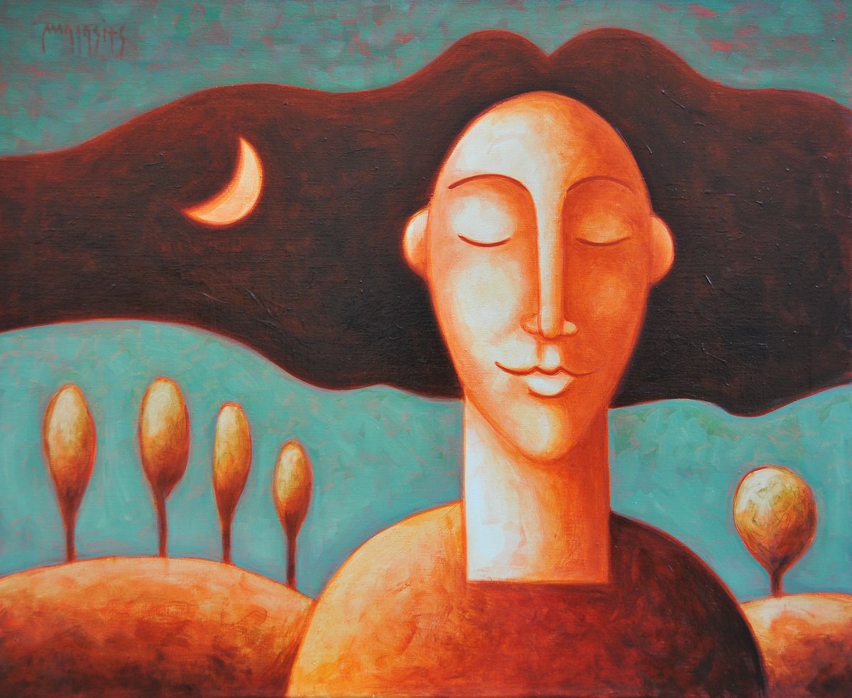 Surrealistic Portrait Oil Painting By Malasits Zsolt, 31 X 26", Autumn Wind, Original Artwork