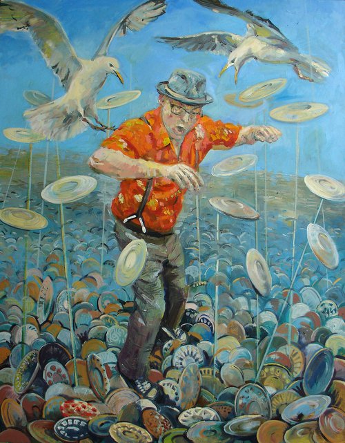 Pete Spinning Plates with Seagulls Attacking by Alan Pergusey