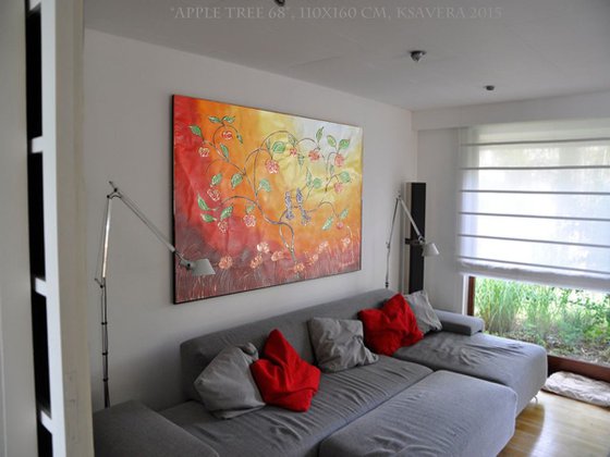 Apple Tree and two blue birds Large orange painting 110x160 cm unstretched canvas art