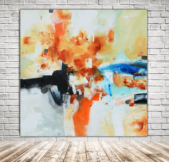 Abstract painting - The path to somewhere - Original white, blue and orange painting