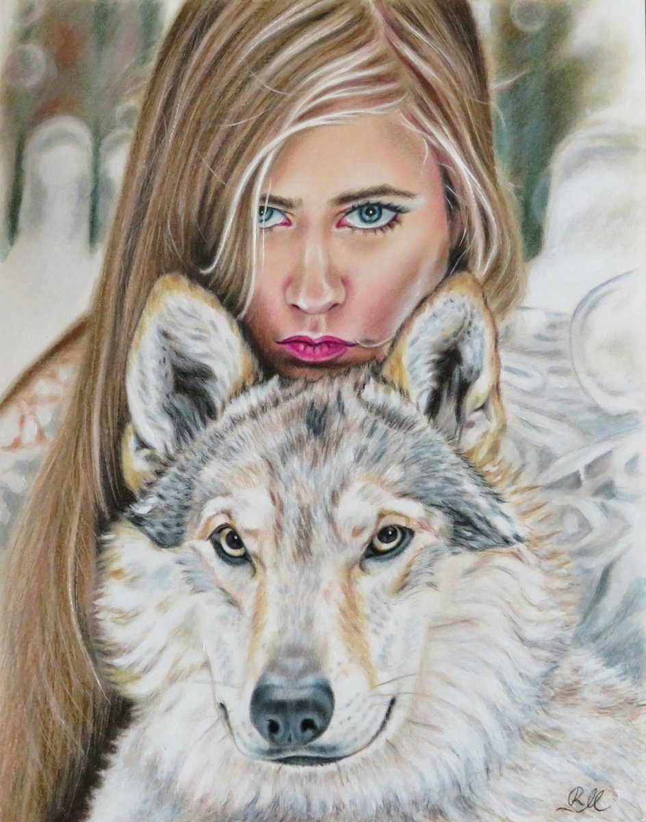 Photorealistic Pastel Drawing , Ragazza Con Lupo By Monika Rembowska, 12 X 14, Artwork For Sale On Artfinder