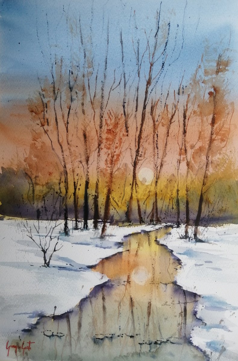 Expressive Landscape Watercolour By Giorgio Gosti, 14 X 21, Winter Landscape 20, Original Artwork