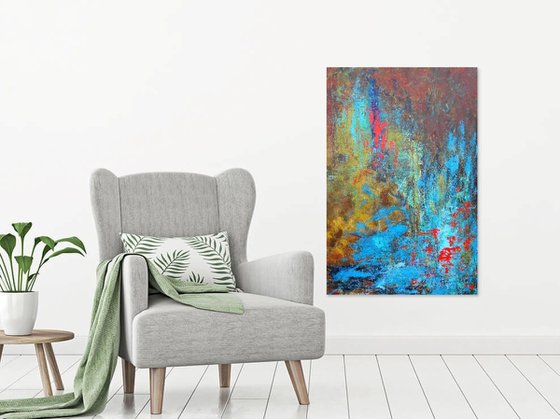 Large Blue Brown Red Abstract Landscape Painting. Modern Textured Art. Abstract. 61x91cm.