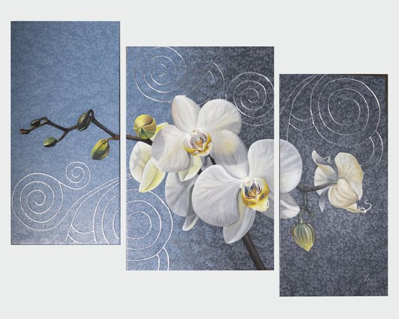 WHITE ORCHIDS  acrylic painting on canvas, 3 piece set