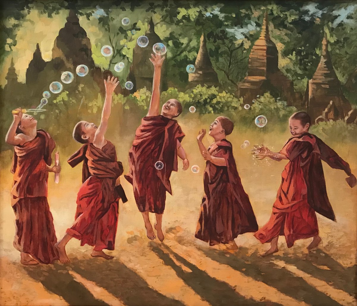 Original oil painting BUDDHIST MONKS - CATCH HAPPINESS IN THE MOMENT OF LIFE 60x70x2 cm... by Evgeniya Roslik