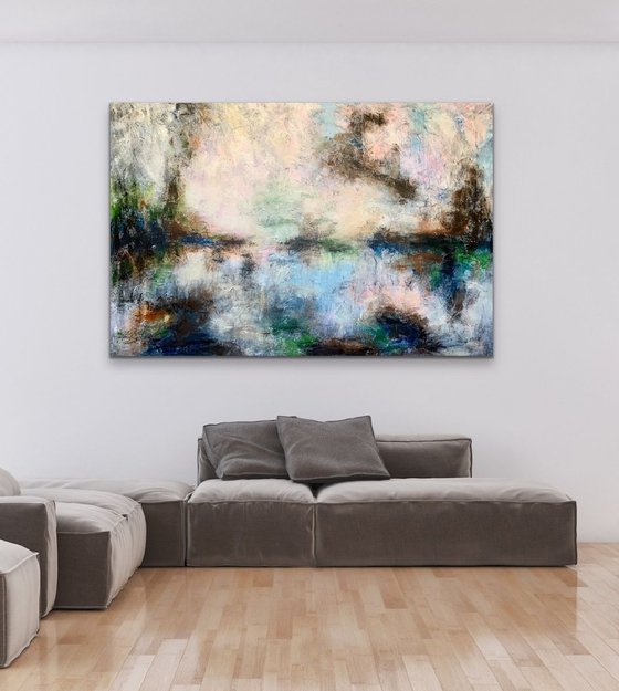 78''x53''(200x135cm), Magnificent Earth 14, blue, pink, cream, green black, texture, land earth colors canvas art  - xxxl art - abstract art painting- extra large art
