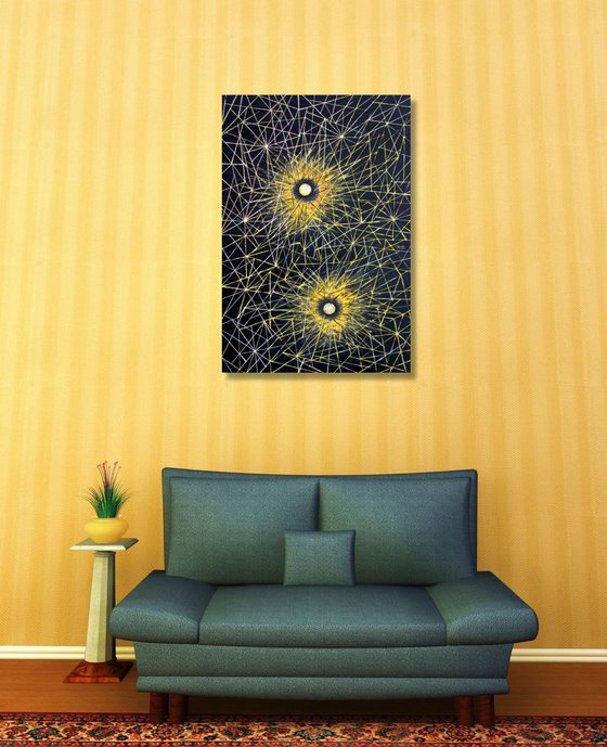 "String Theory" - Original PMS Artwork Abstract Cosmic Oil Painting on Wood, Framed - 26" x 38"