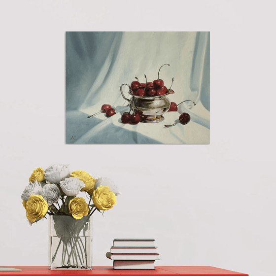 "Cherry flavor. "  still life summer plant cherries red  liGHt original painting  GIFT (2021))