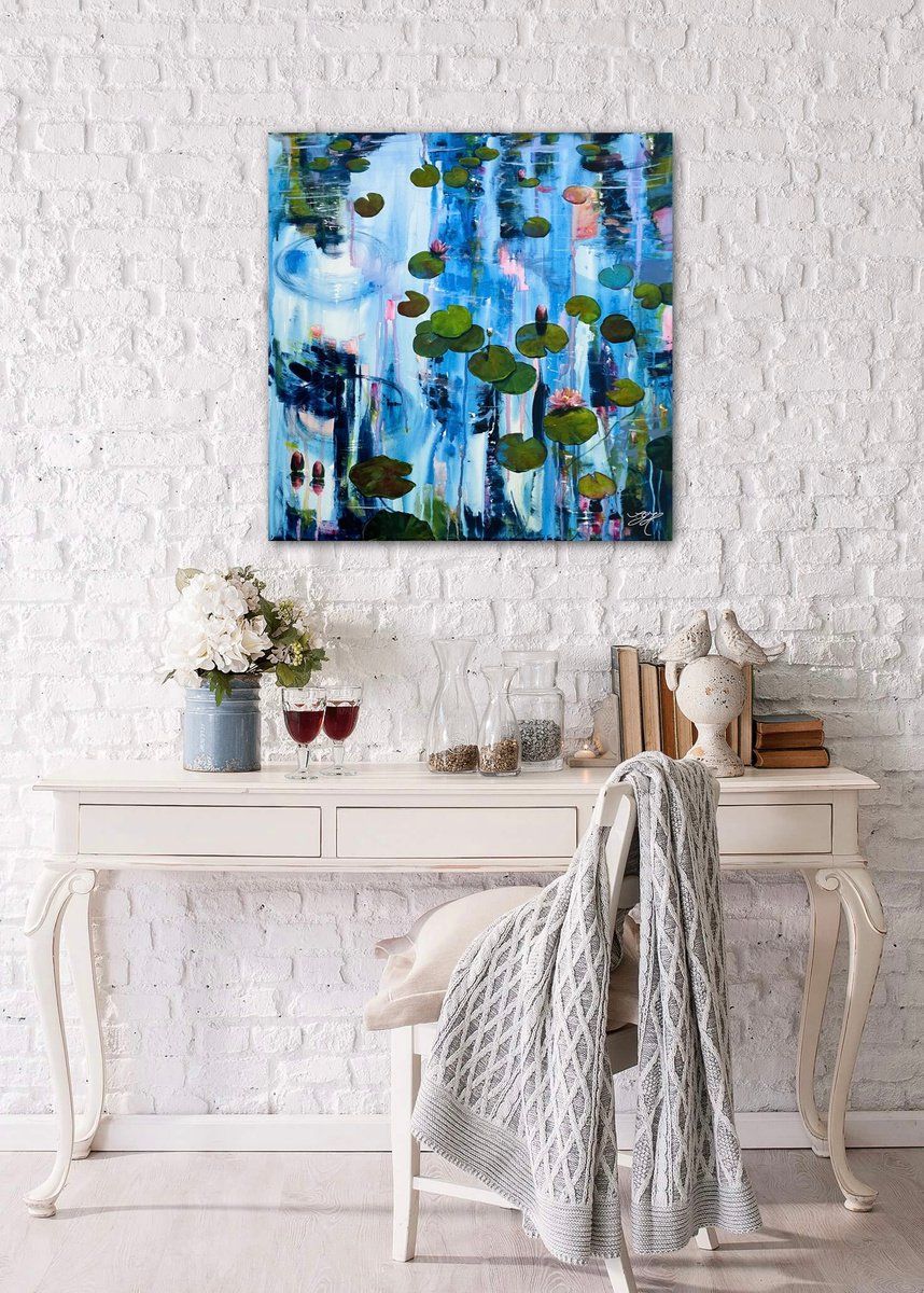 Impressionistic Landscape Acrylic Painting By Sandra Gebhardt-Hoepfner, 24 X 24", I Love Waterlilies 10, Original Artwork