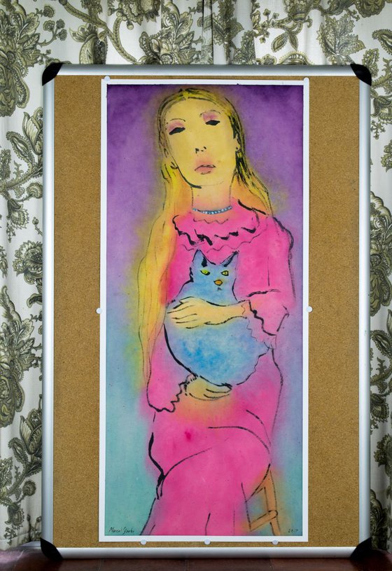 Blonde woman with blue cat