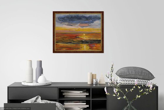 SUNRISE - Landscape art, seascape, skyscape, ocean, beach, sun over the ocean ray light, original oil painting, summer, nature, home decor