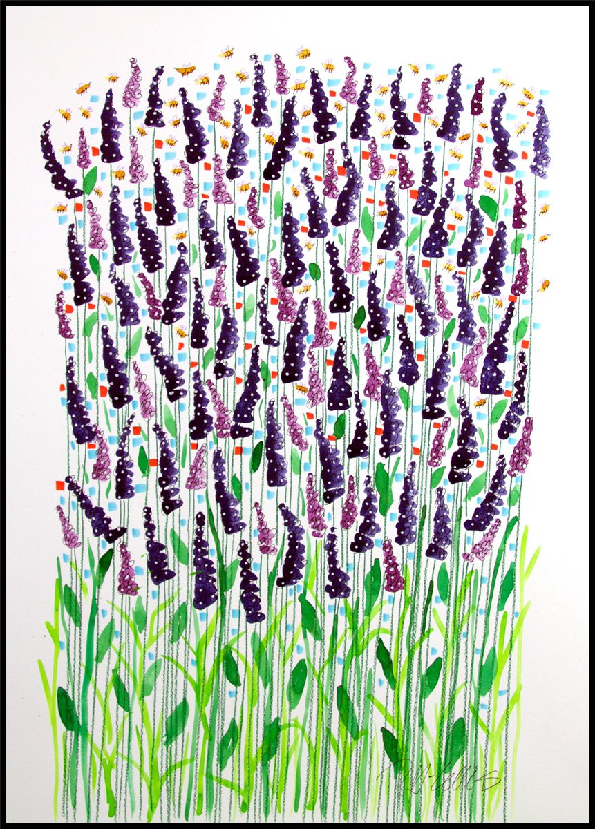 Lavender and bees, watercolor by Mariann Johansen-Ellis