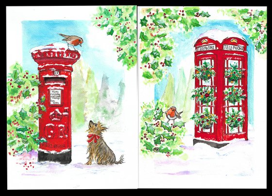 Red mailbox and phone box Christmas