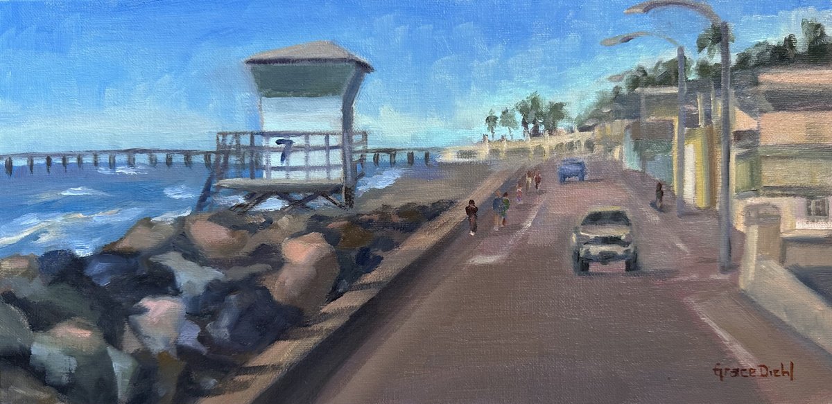 Impressionistic Landscape Oil Painting By Grace Diehl, 12 X 6, Toward The Pier, Original Artwork