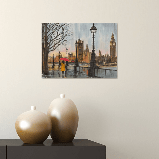 London scene, walking in the rain.