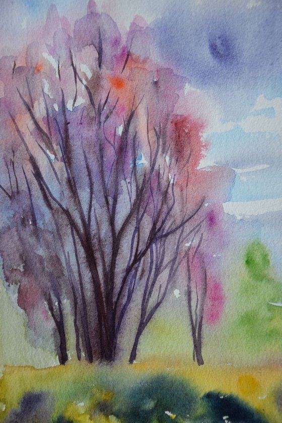 Spring blooming trees original watercolor painting