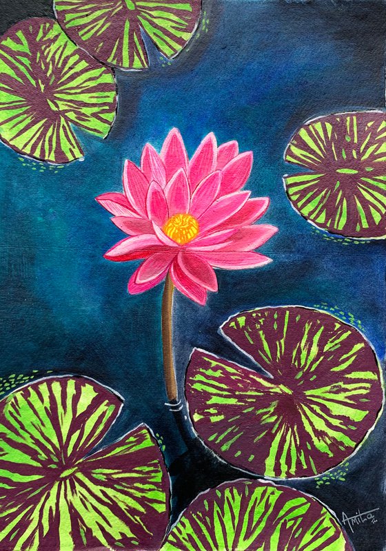 Pink Water lily on Indian handmade paper